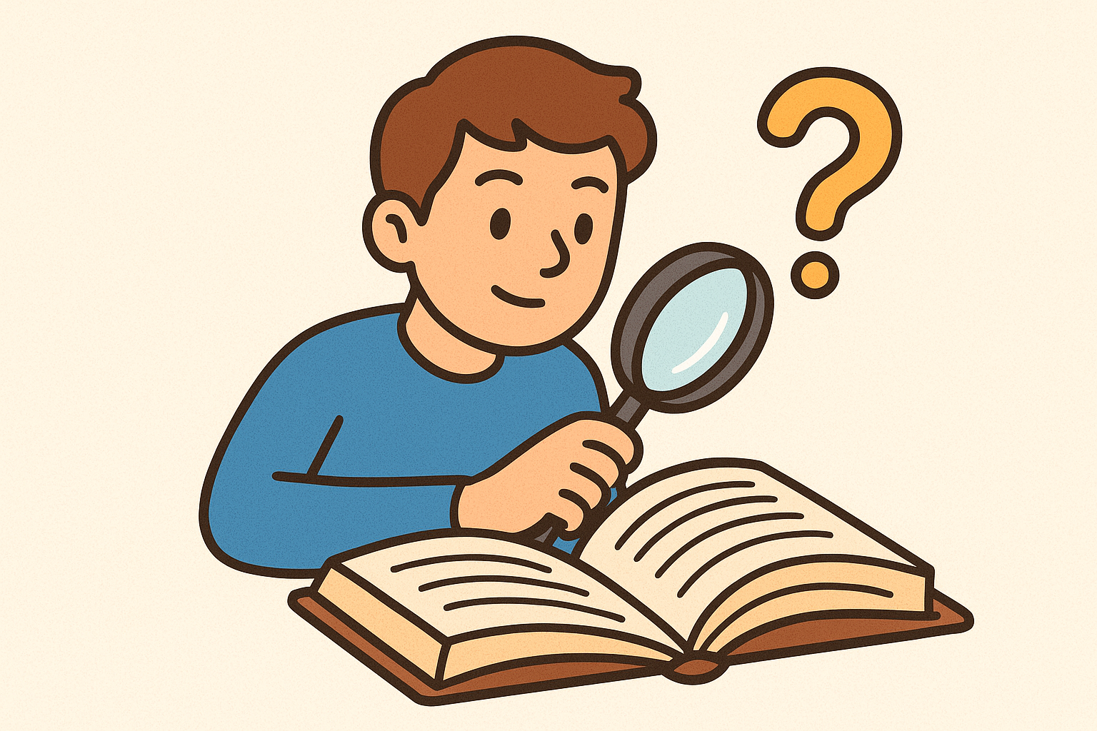 an AI generated image of a boy holding a mangifying glass while reading a book with a question mark to the side.